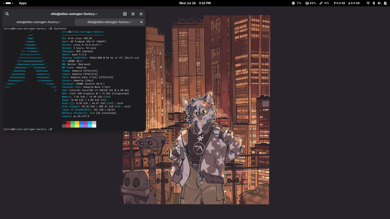 My Arch Desktop A screenshot of an Arch Linux desktop with a Wayland GNOME desktop environment. The background is an artwork by serpent_x, depicting an anthro canine standing in front of a city view. A terminal window is open, showing an ASCII Arch Linux logo from the fas